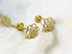 14K Real Gold Dainty Screw Back Flower Earrings with Clear Stones. 14K Stud Earrings. Gold Screw Back Earrings