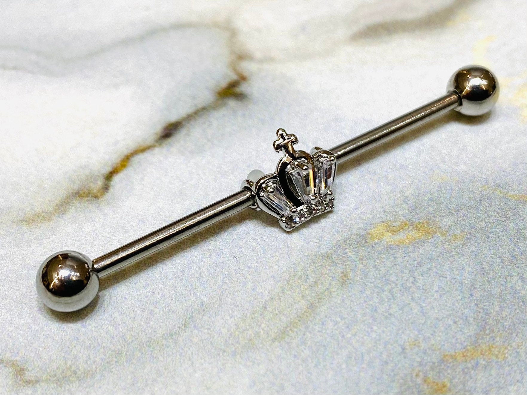 14G Silver Crystals Paved Crown 38MM Industrial Barbell. Industrial Piercing. Ear Barbells