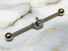 14G Silver Crystals Paved Crown 38MM Industrial Barbell. Industrial Piercing. Ear Barbells