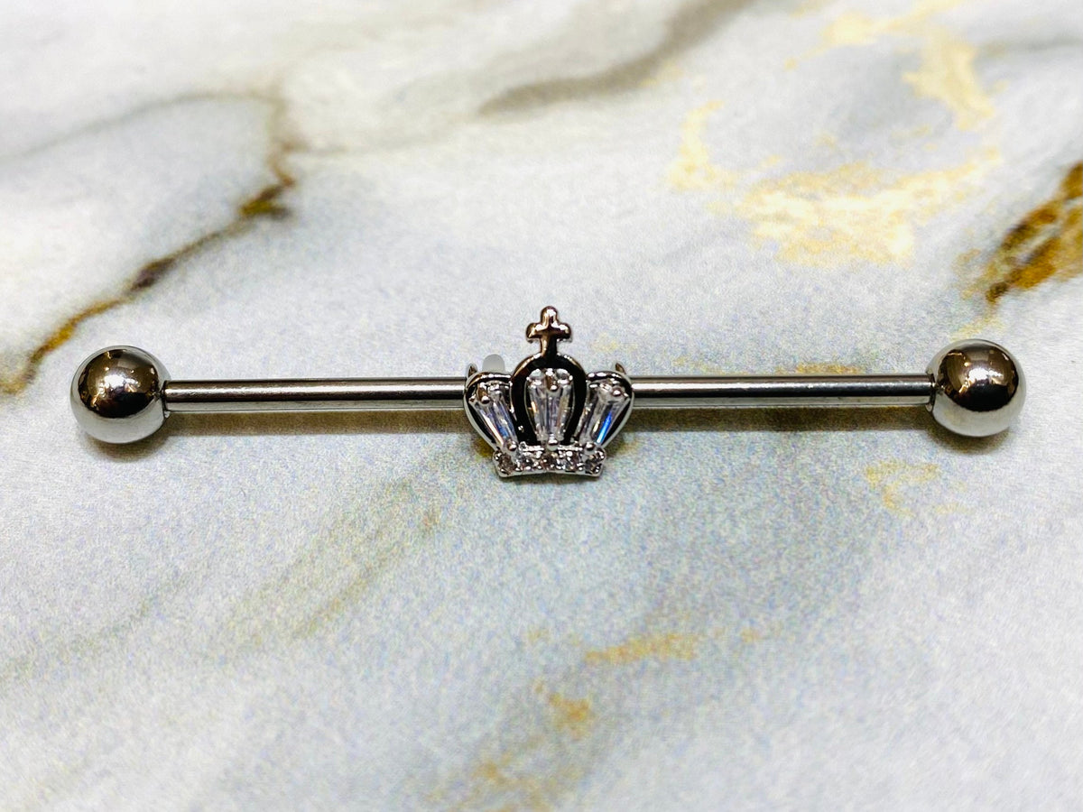 14G Silver Crystals Paved Crown 38MM Industrial Barbell. Industrial Piercing. Ear Barbells