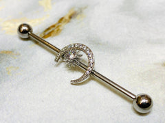 14G Silver Crystals Paved Moon with Center Stone 38MM Industrial Barbell. Industrial Piercing. Ear Barbells