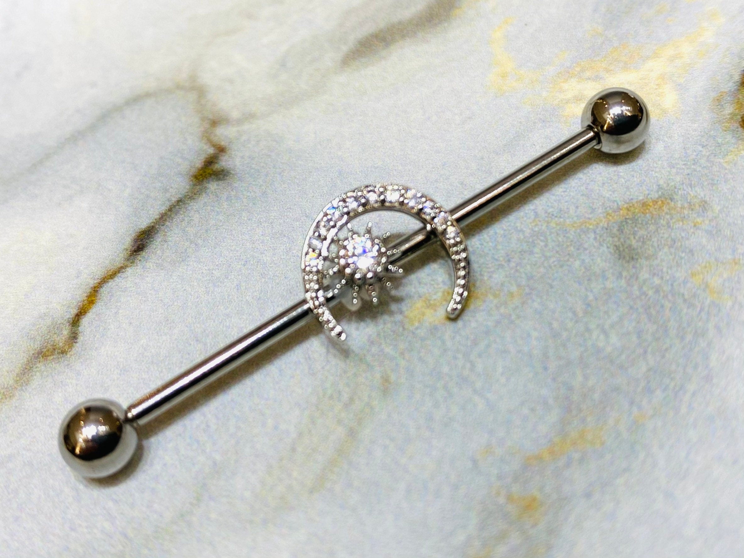 14G Silver Crystals Paved Moon with Center Stone 38MM Industrial Barbell. Industrial Piercing. Ear Barbells