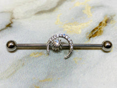 14G Silver Crystals Paved Moon with Center Stone 38MM Industrial Barbell. Industrial Piercing. Ear Barbells