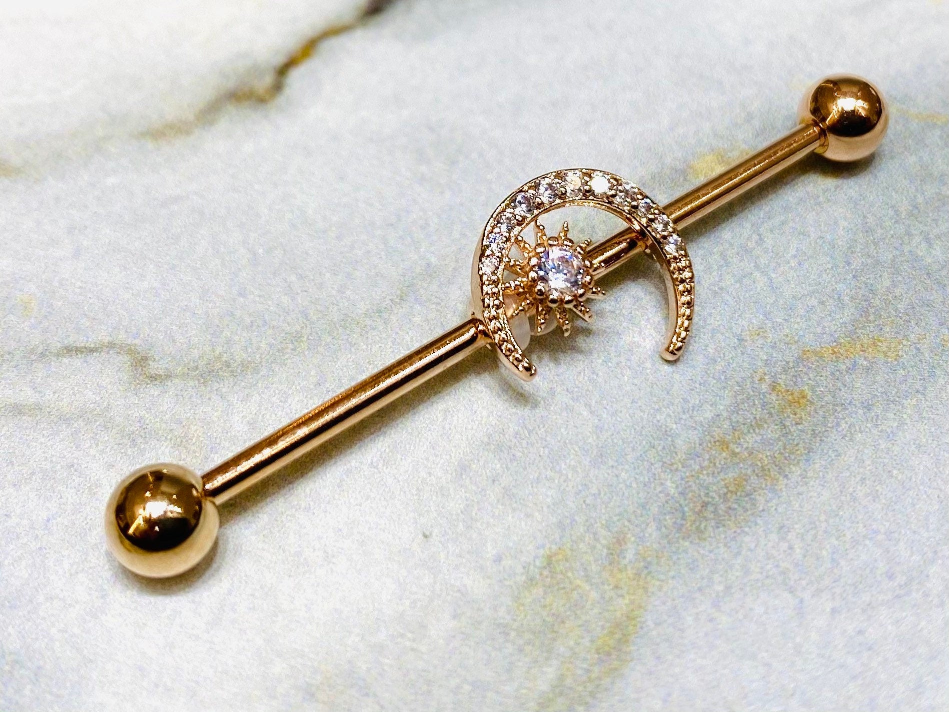 14G Rose Gold Crystals Paved Crescent Moon with Center Stone 38MM Industrial Barbell. Industrial Piercing. Ear Barbells