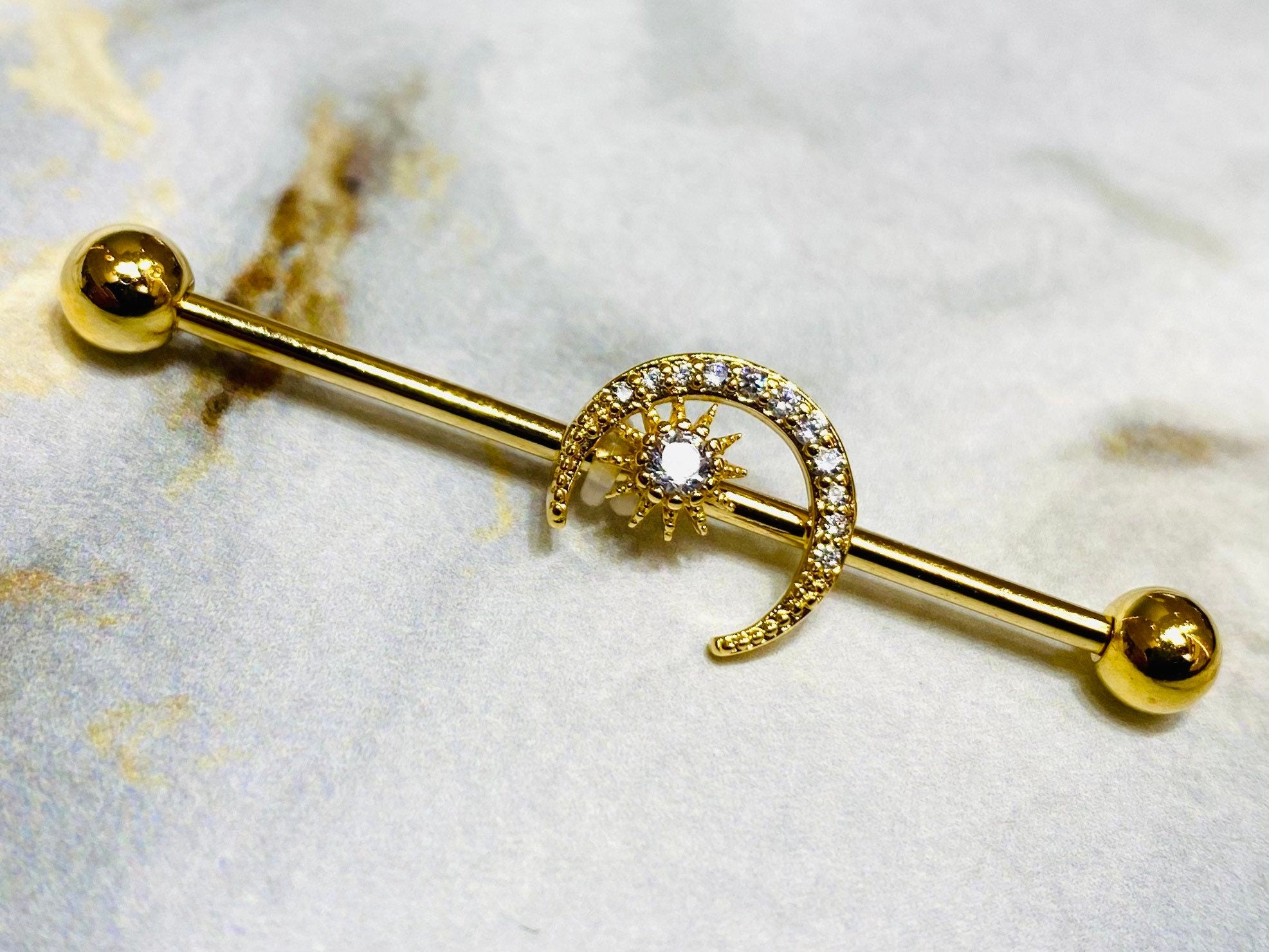 14G Gold Crystals Paved Crescent Moon with Center Stone 38MM Industrial Barbell. Industrial Piercing. Ear Barbells