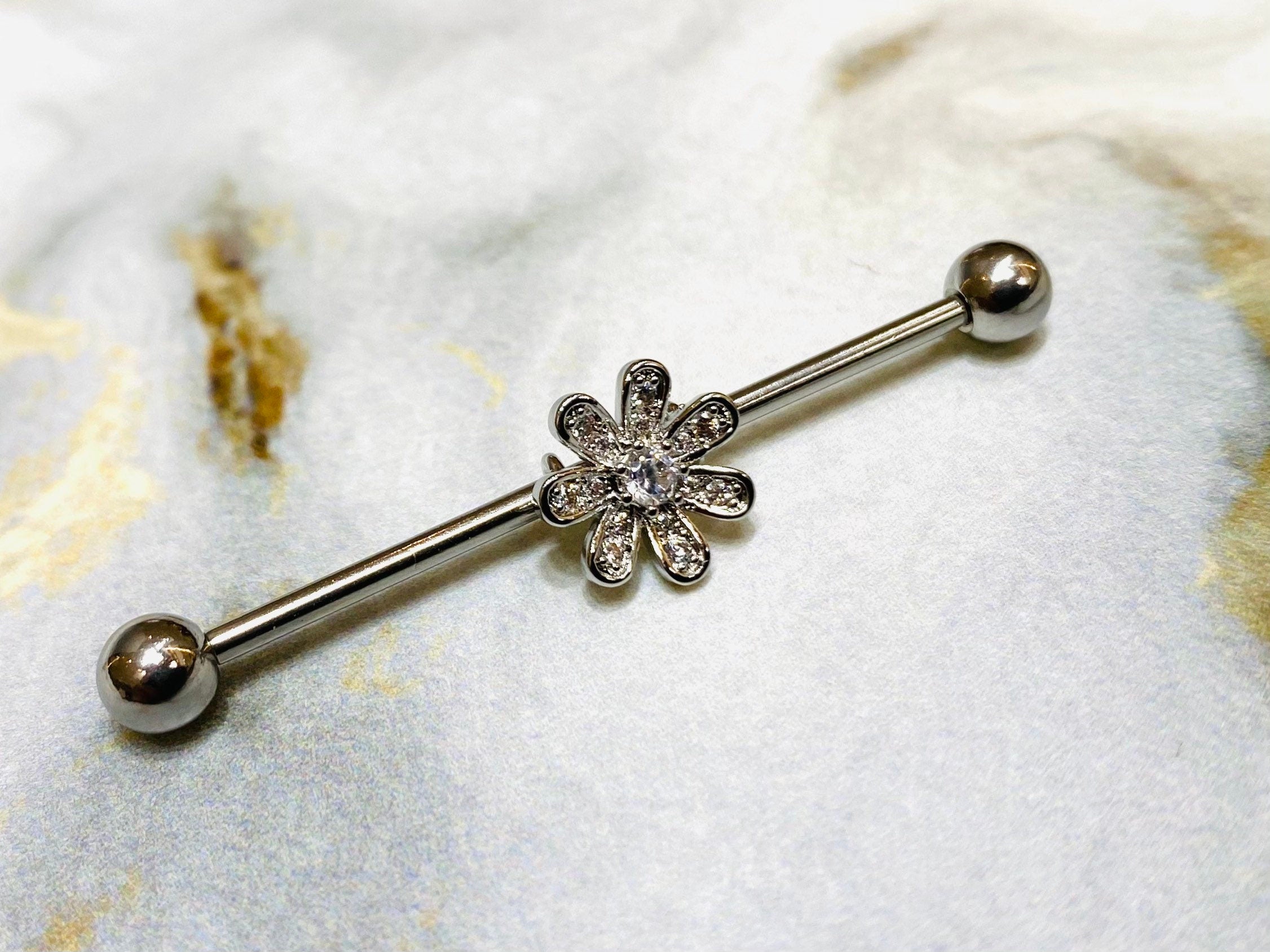 14G Silver Clear Crystals Paved Flower 38MM Industrial Barbell. Industrial Piercing. Ear Barbells