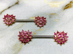 14G Rose Gold & Pink Crystals Paved Heart Shape Ends Nipple Barbells. Nipple Piercing. Nipple Jewelry. Nipple Rings