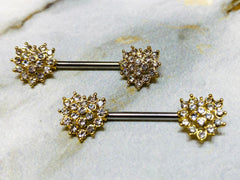 14G Gold Crystal Heart Shape Ends Nipple Barbells. Nipple Piercing. Nipple Jewelry. Nipple Rings