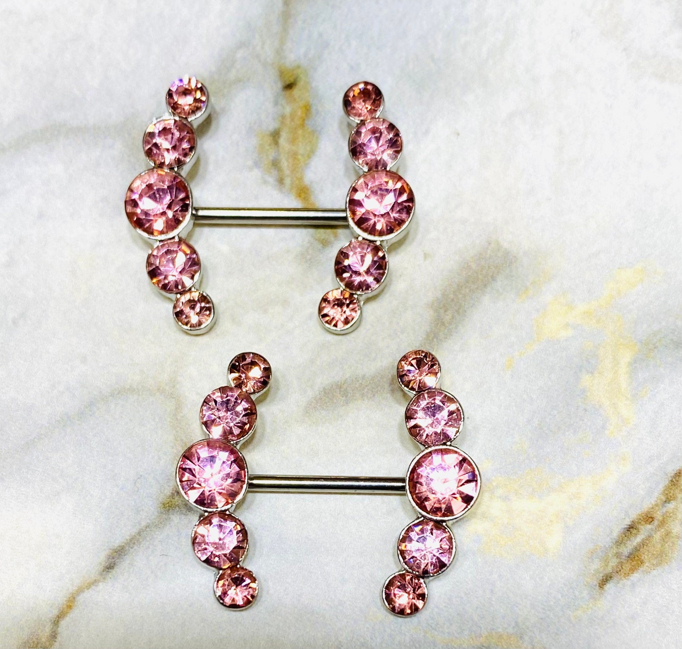 14G Sparkling Pink Round Crystal Ends Nipple Barbells. Nipple Piercings. Nipple Rings. Nipple Jewelry