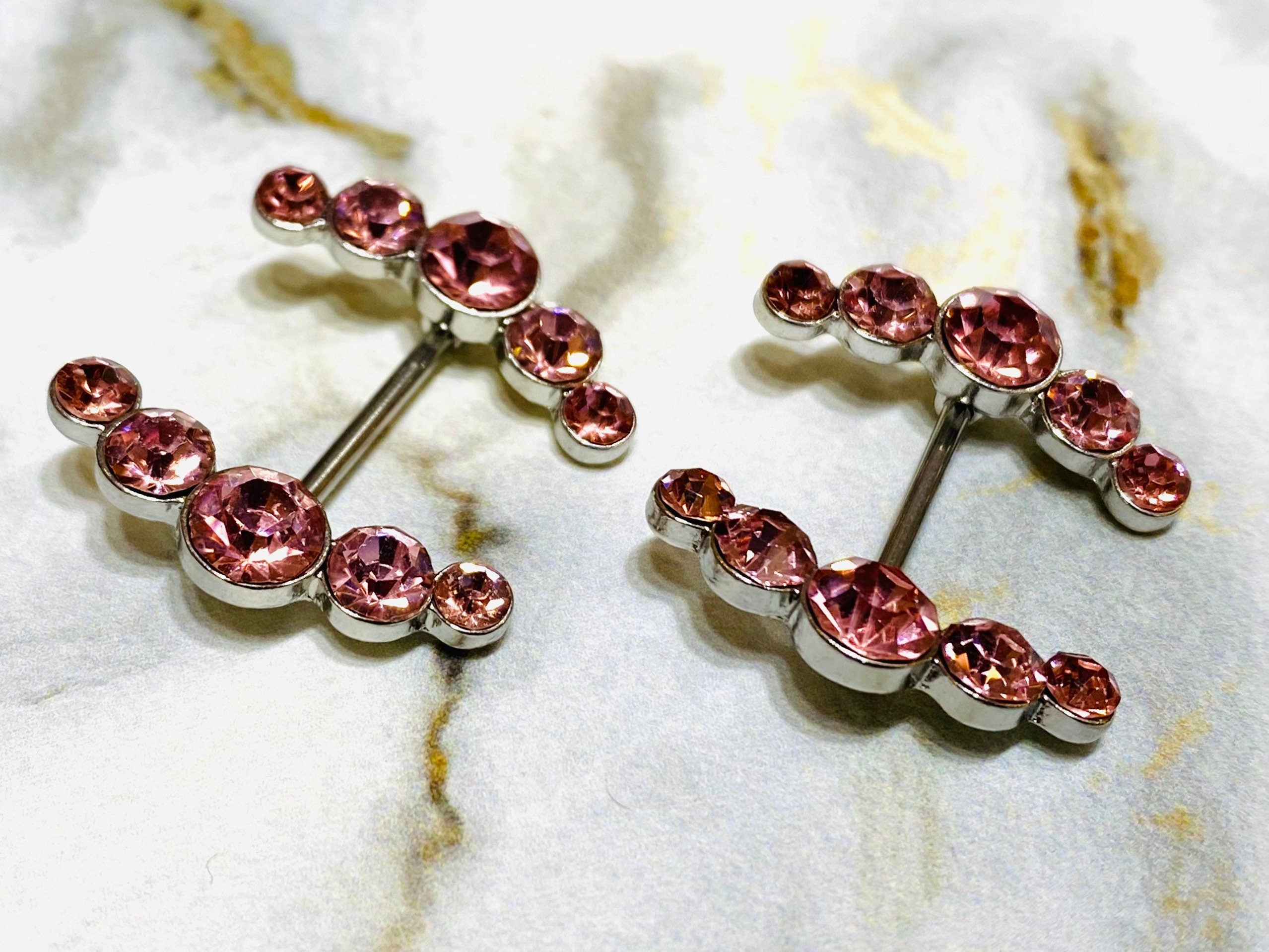 14G Sparkling Pink Round Crystal Ends Nipple Barbells. Nipple Piercings. Nipple Rings. Nipple Jewelry