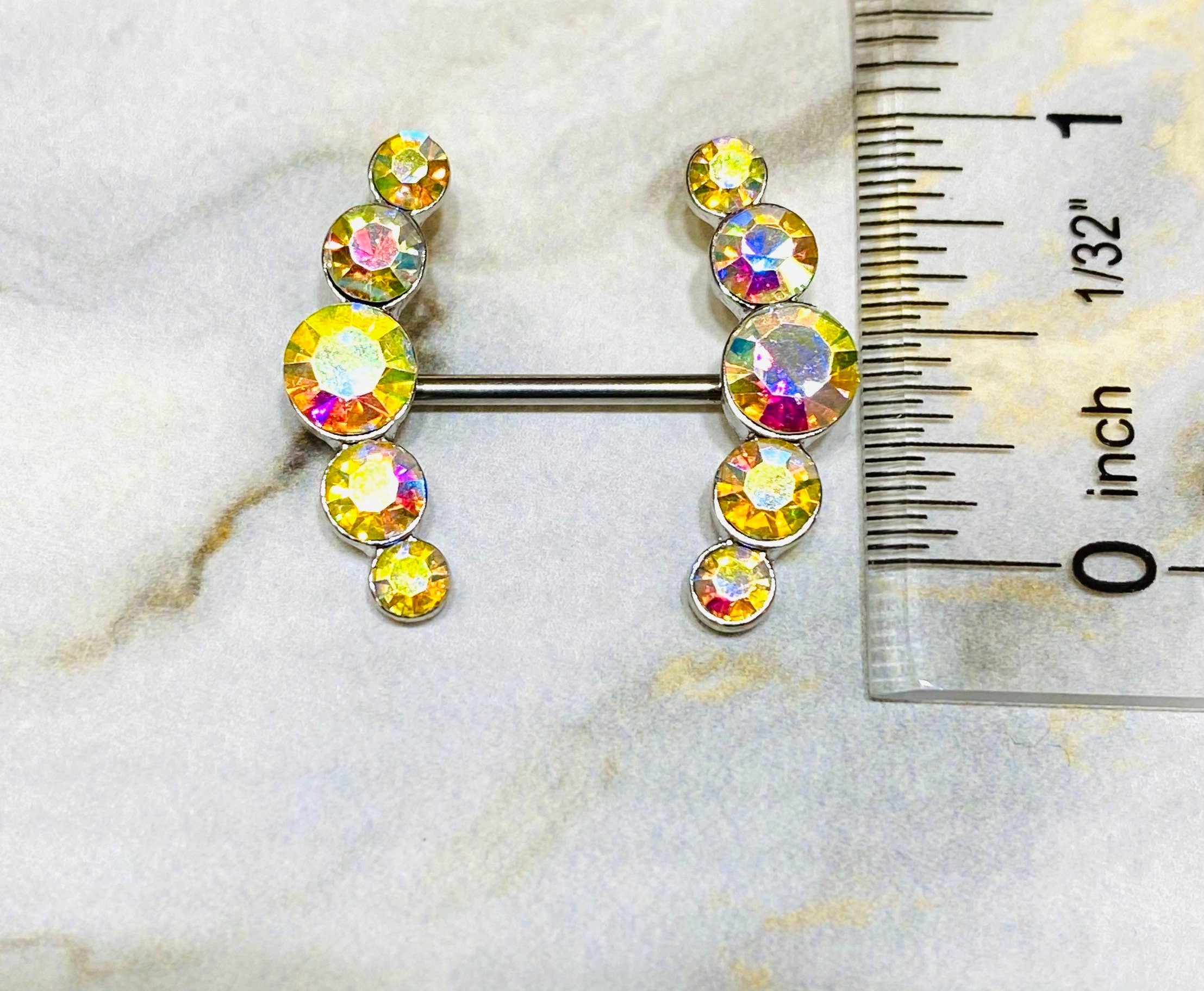 14G Sparkling Rainbow Round Crystal Ends Nipple Barbells. Nipple Piercings. Nipple Rings. Nipple Jewelry