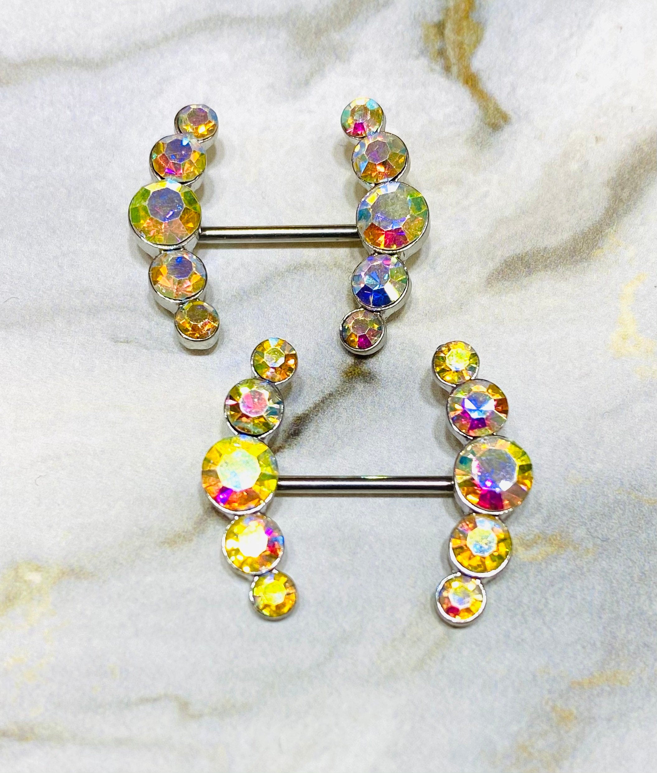 14G Sparkling Rainbow Round Crystal Ends Nipple Barbells. Nipple Piercings. Nipple Rings. Nipple Jewelry