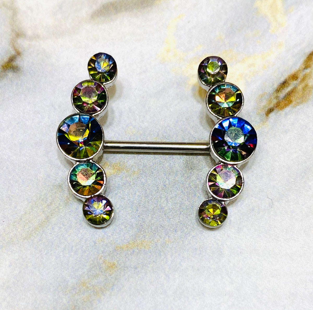 14G Sparkling Green Round Crystal Ends Nipple Barbells. Nipple Piercings. Nipple Rings. Nipple Jewelry