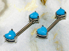 Set of 14G Heart Shape Turquoise Ends Nipple Barbells. Nipple Piercings. Nipple Rings. Nipple Jewelry.