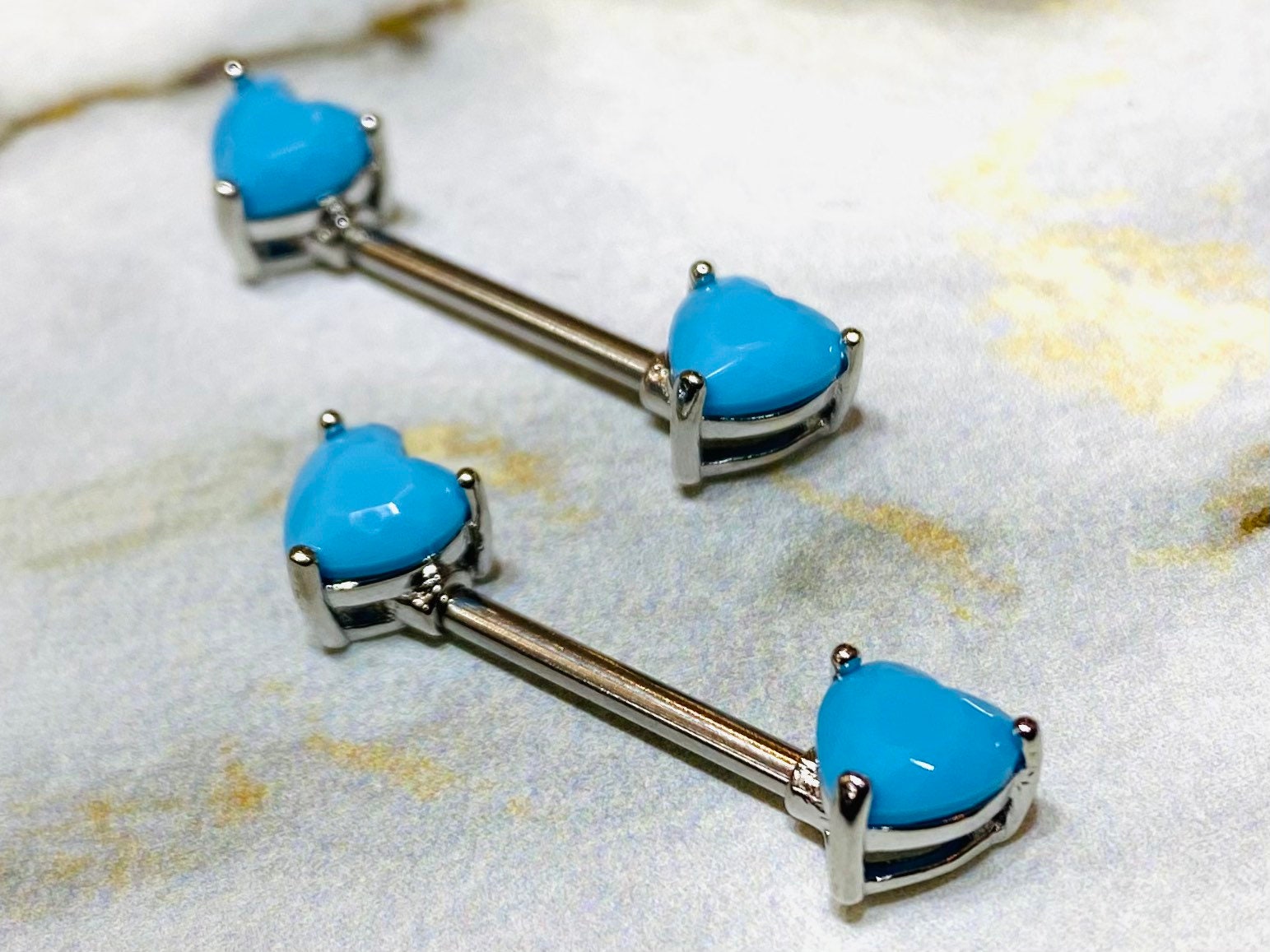 Set of 14G Heart Shape Turquoise Ends Nipple Barbells. Nipple Piercings. Nipple Rings. Nipple Jewelry.