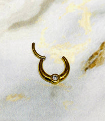 16G Gold Clear Center Stone Hinged Clicker Hoop for Septum, Cartlilage, Tragus & More..