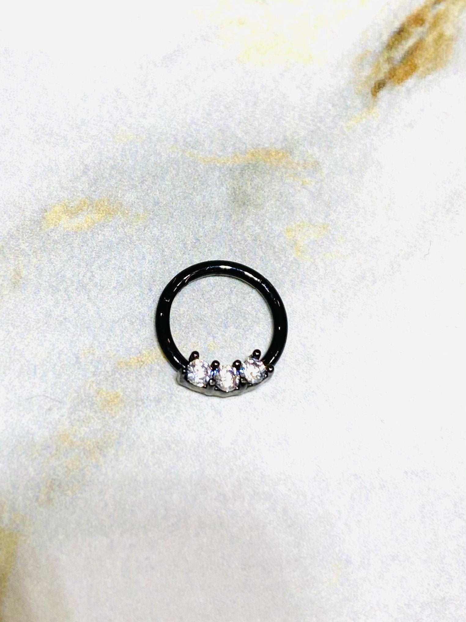 16G Black Clear Stones Hinged Septum Clicker Ring