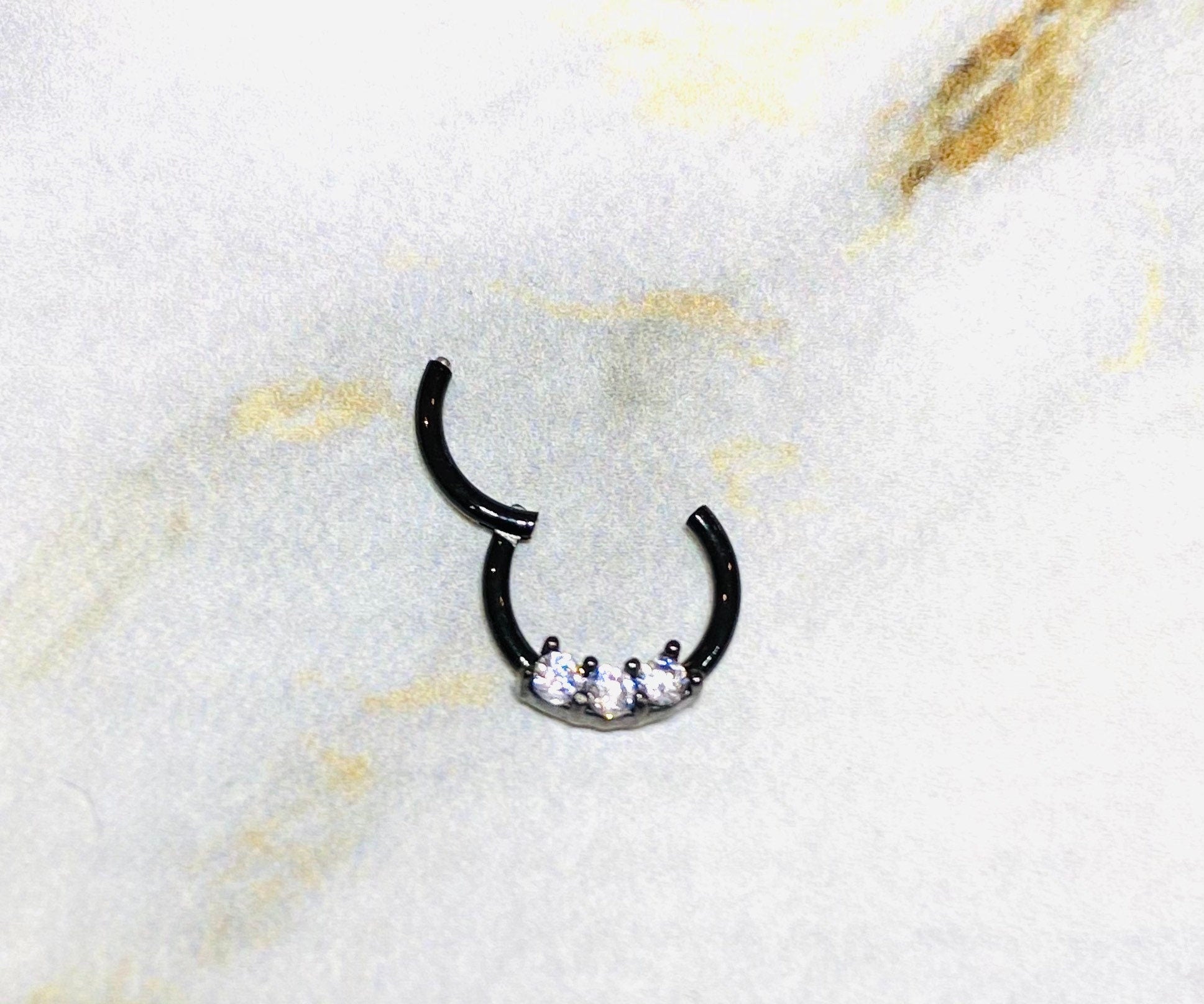 16G Black Clear Stones Hinged Septum Clicker Ring