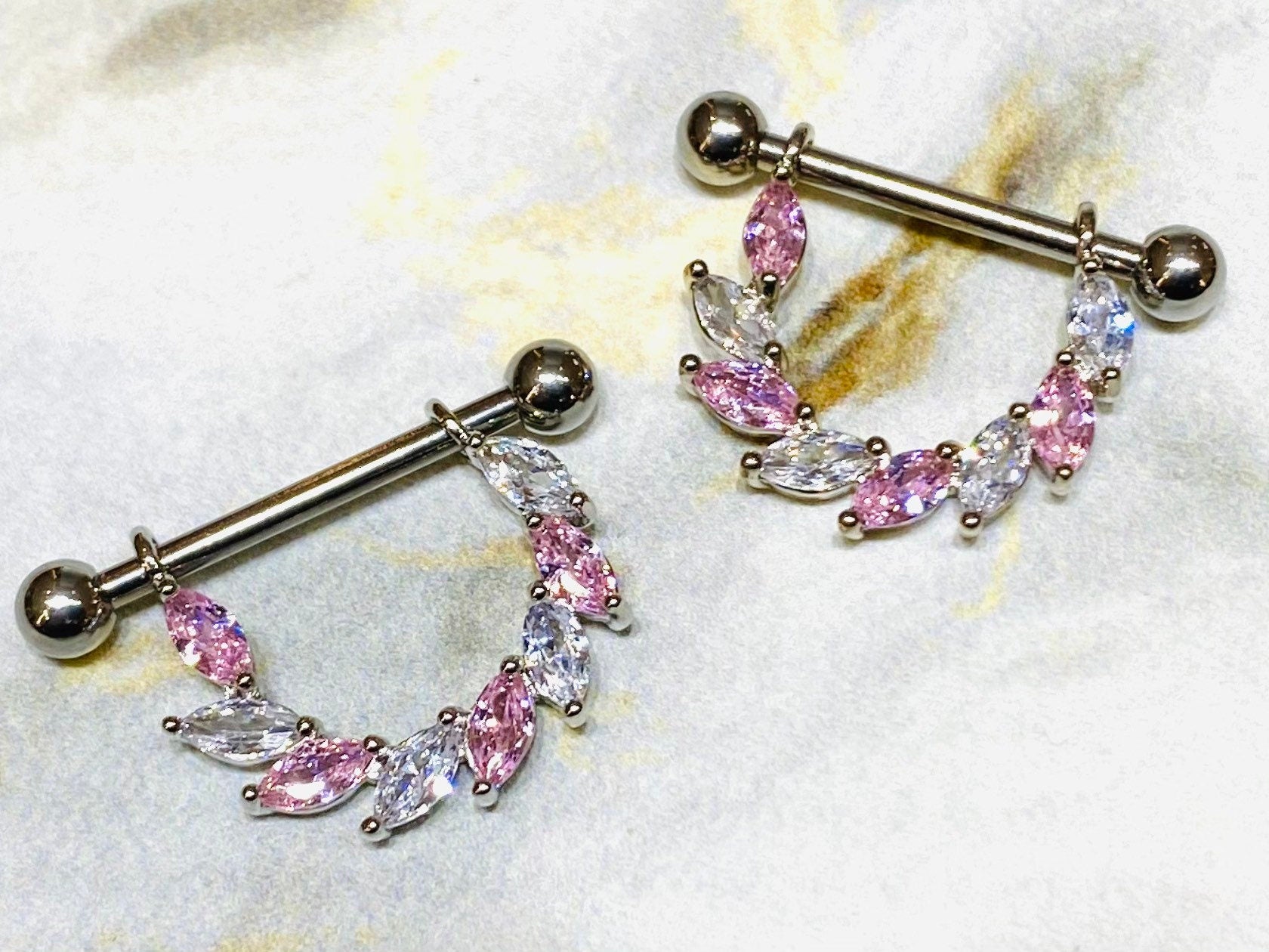 14G Silver Pink & Clear Sparkling Marquise Stones Vine Nipple Barbell. Nipple Piercings. Nipple Jewelry. Nipple Rings