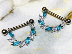 14G Silver Blue & Clear Sparkling Marquise Stones Vine Nipple Barbell. Nipple Piercings. Nipple Jewelry. Nipple Rings