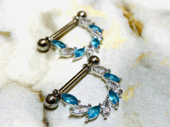 14G Silver Blue & Clear Sparkling Marquise Stones Vine Nipple Barbell. Nipple Piercings. Nipple Jewelry. Nipple Rings