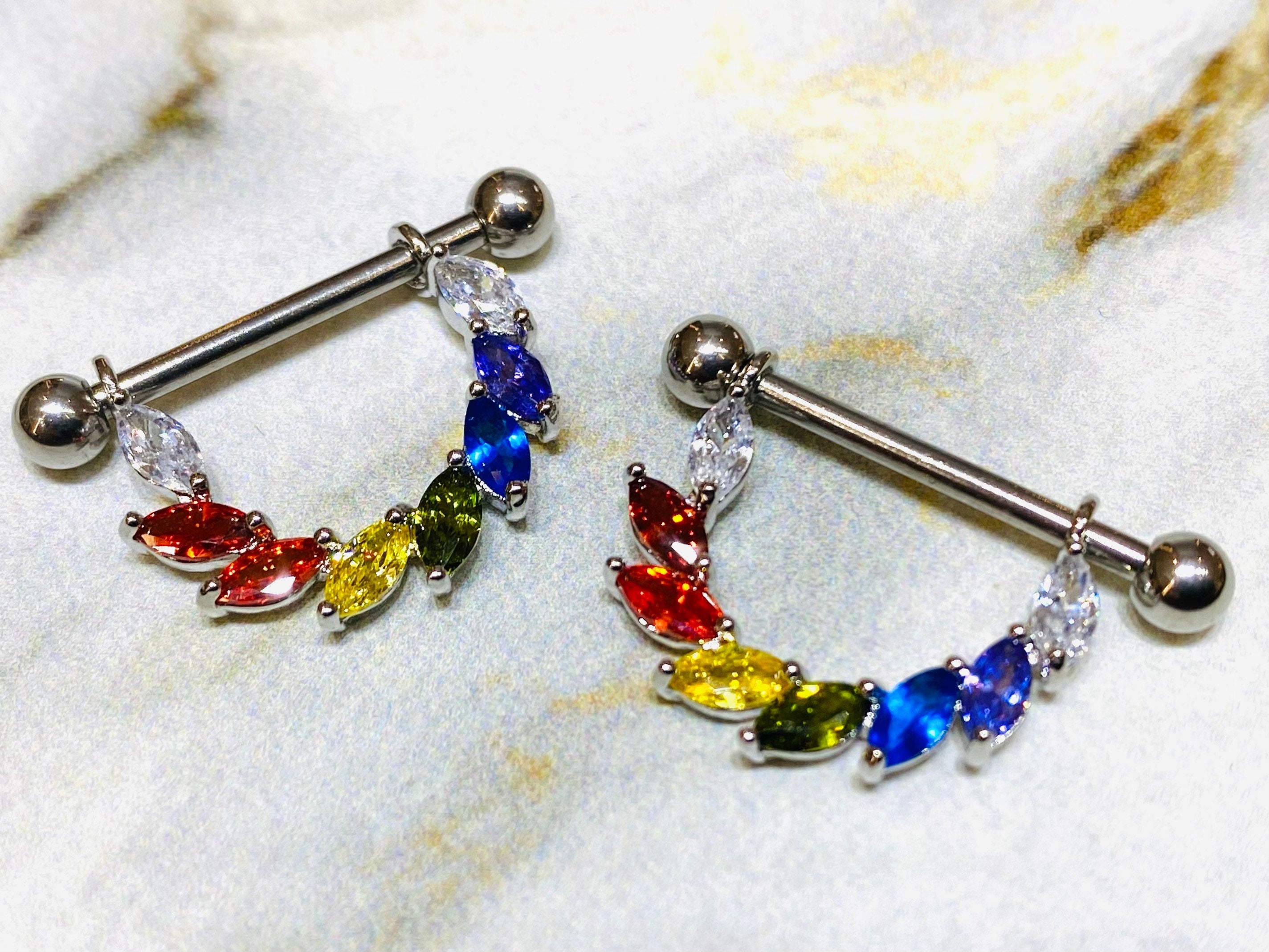 14G Silver Rainbow Sparkling Marquise Stones Vine Nipple Barbell. Nipple Piercings. Nipple Jewelry. Nipple Rings