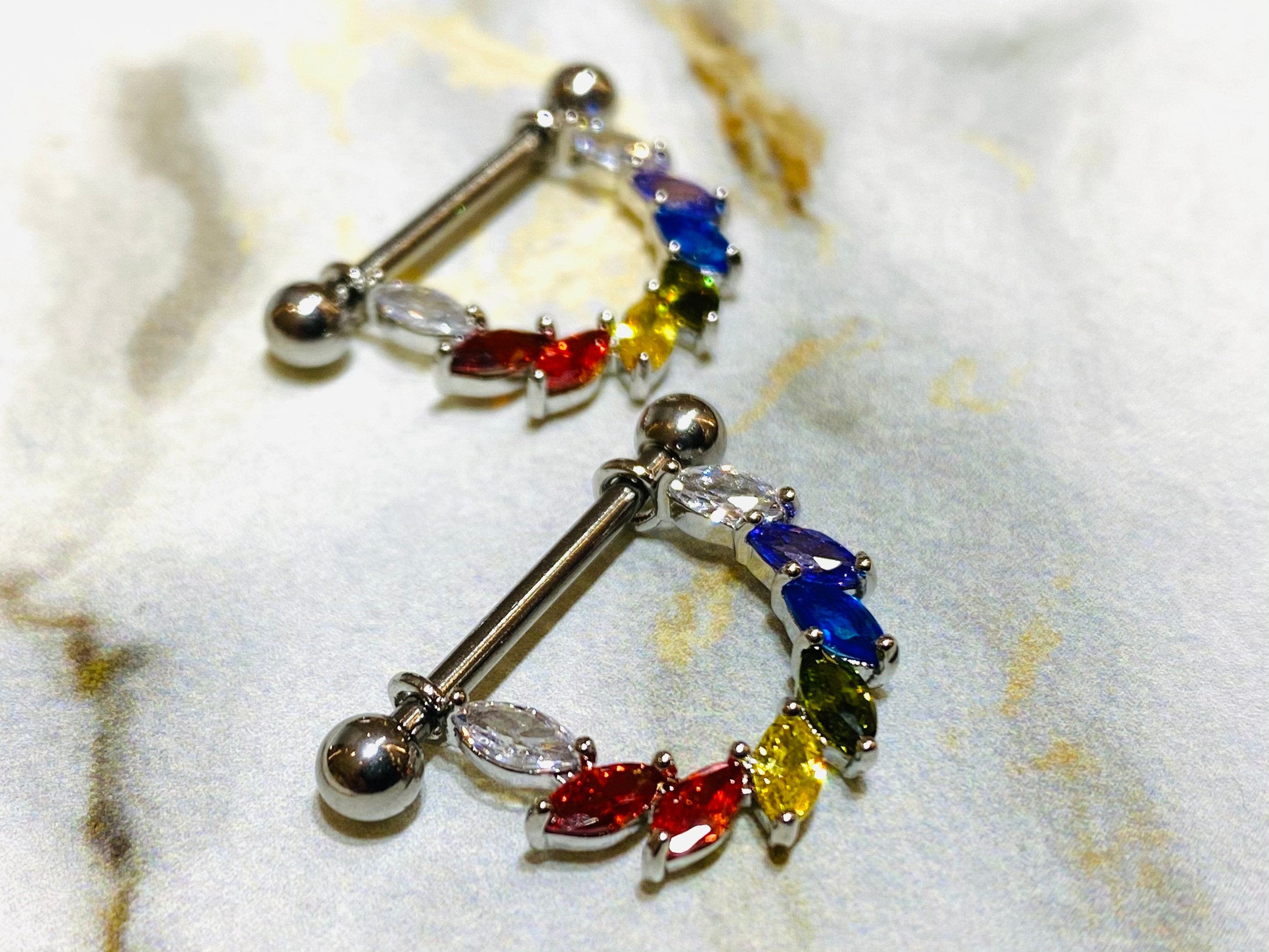 14G Silver Rainbow Sparkling Marquise Stones Vine Nipple Barbell. Nipple Piercings. Nipple Jewelry. Nipple Rings