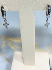 Pair of Surgical Steel Silver Dangling Small Cross with CZs Hoop Earrings. 10MM Hoop Earrings. Cross Hoop Earrings. Silver Hoop Earrings.