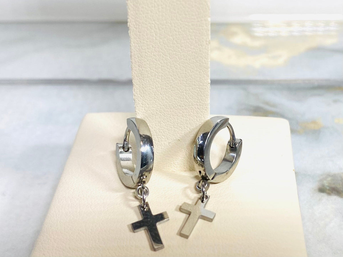 Pair of Surgical Steel Silver Dangling Small PlaIn Cross Hoop Earrings. 10MM Hoop Earrings. Cross Hoop Earrings. Silver Hoop Earrings.