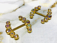 14G Gold Sparkling Round Crystal Ends Nipple Barbells. Nipple Piercings. Nipple Rings. Nipple Jewelry