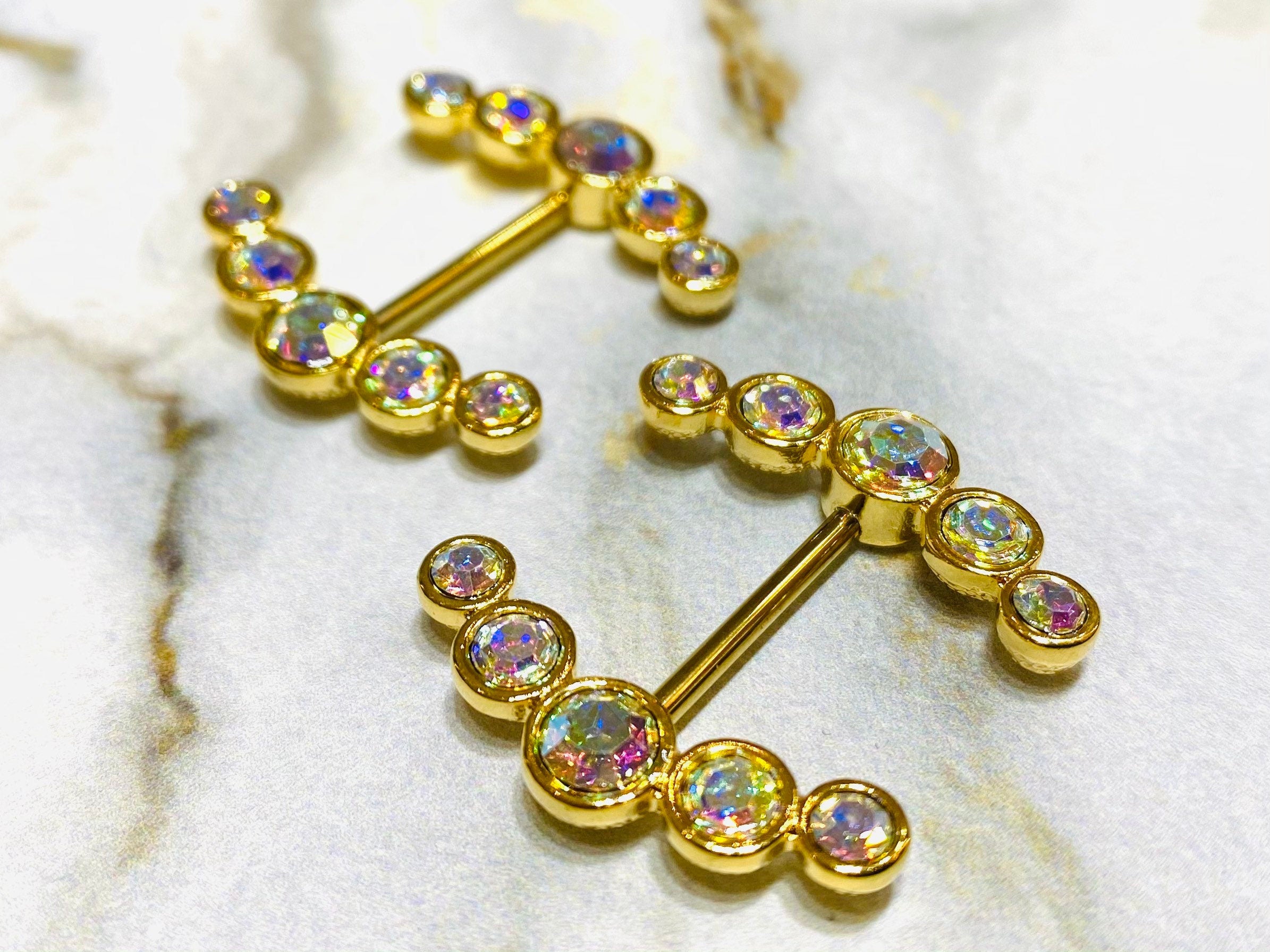 14G Gold Sparkling Round Crystal Ends Nipple Barbells. Nipple Piercings. Nipple Rings. Nipple Jewelry