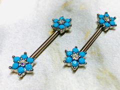 Pair of 14G Silver Turquoise Flower Sparkle Prong Setting Nipple Barbells. Nipple Rings. Nipple Jewelry. Nipple Piercings.