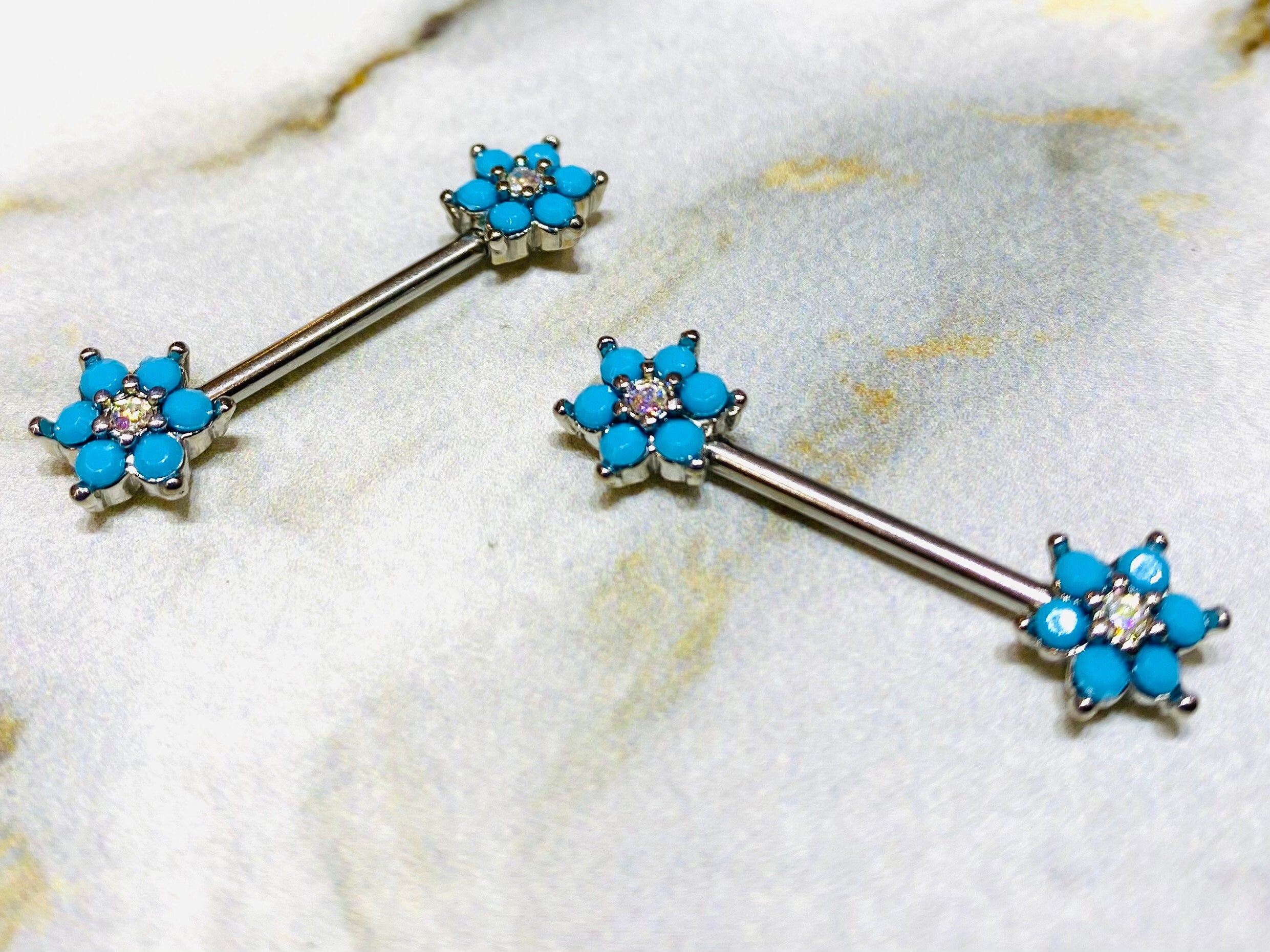 Pair of 14G Silver Turquoise Flower Sparkle Prong Setting Nipple Barbells. Nipple Rings. Nipple Jewelry. Nipple Piercings.