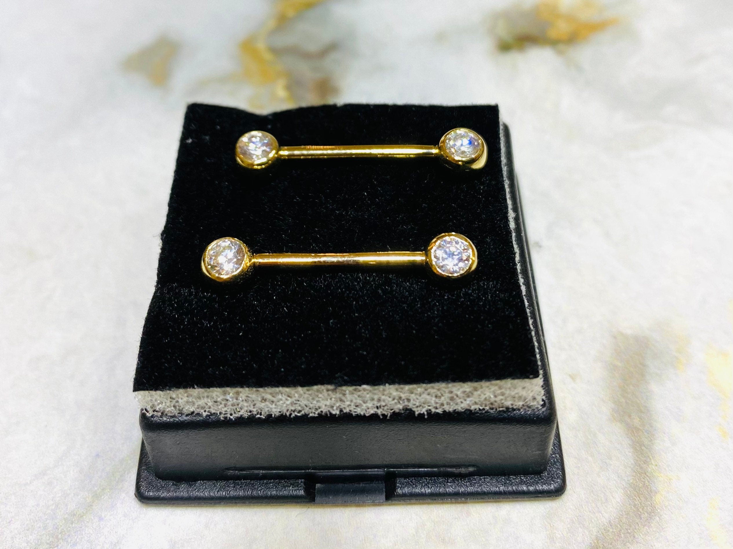 Pair of 10K Solid Gold with Clear Stones Nipple Barbells. Nipple Jewelry. Nipple Rings. Nipple Piercings.