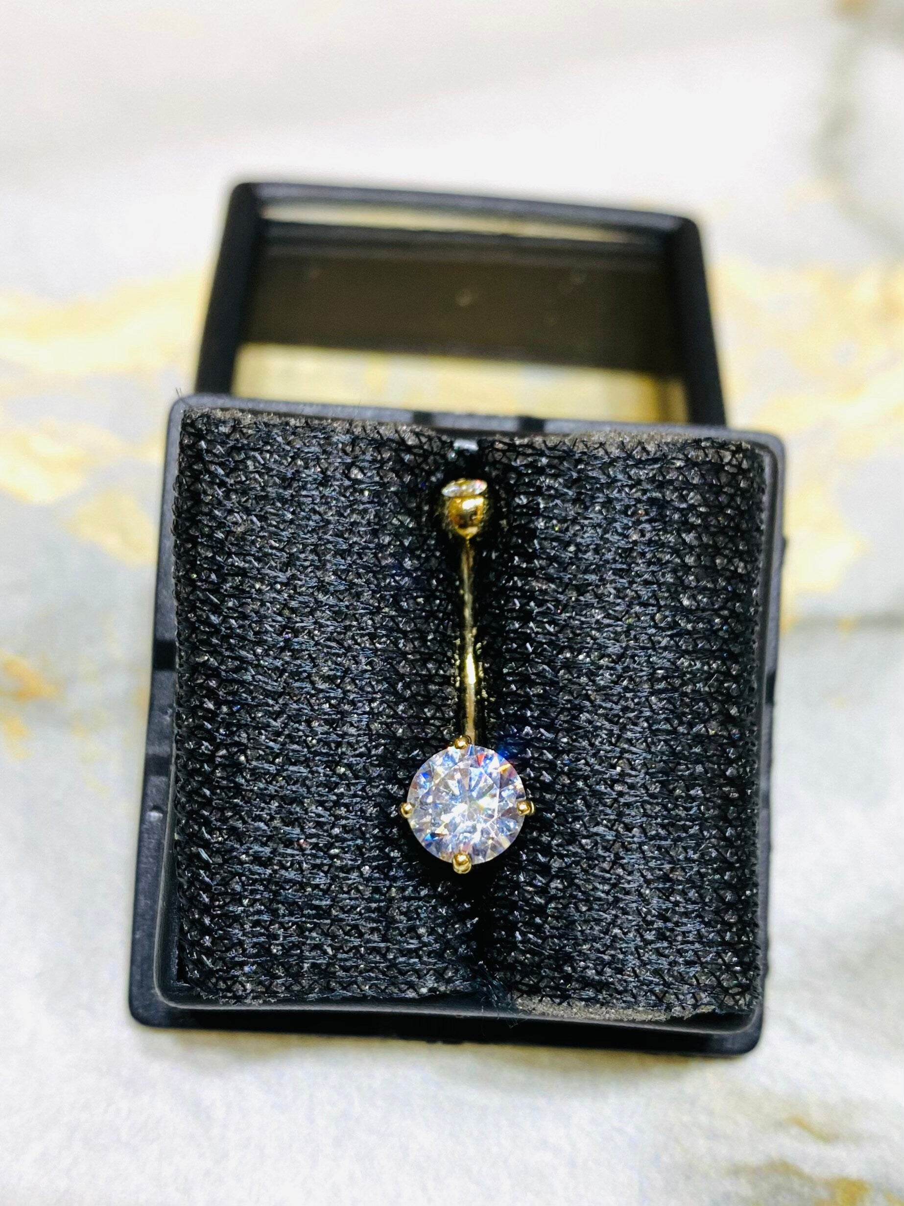 14K Real Solid Gold Belly Button Ring with 6MM Sparkling CZ. Belly Piercing. Belly Ring. Navel Piercing.