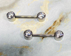 Implant Grade Titanium Internally Threaded Bezel Set Clear Stones Nipple Barbells. Nipple Piercing. Nipple Jewelry. Nipple Rings