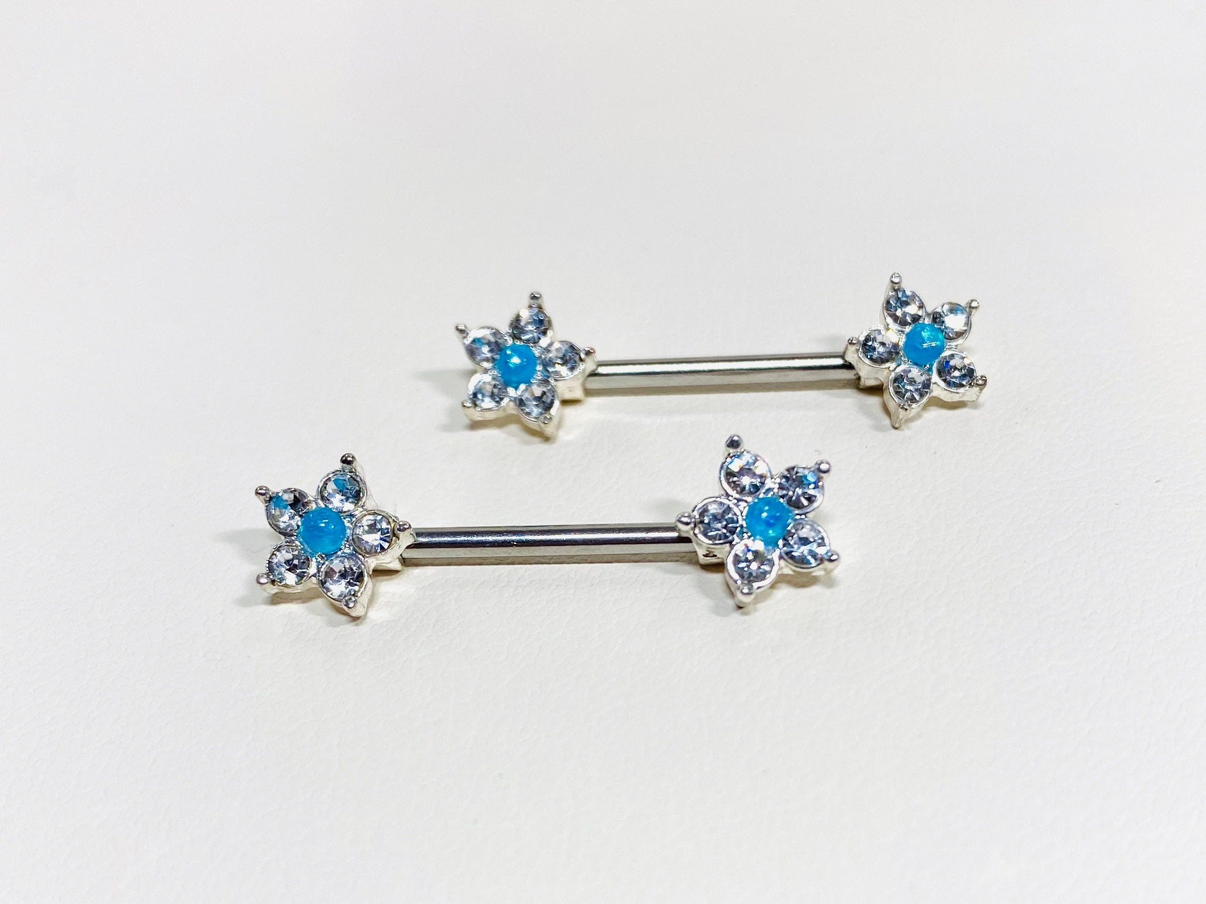 14G Flower Blue Opal Center Nipple Barbell. Nipple Piercings. Nipple Rings. Nipple Jewelry