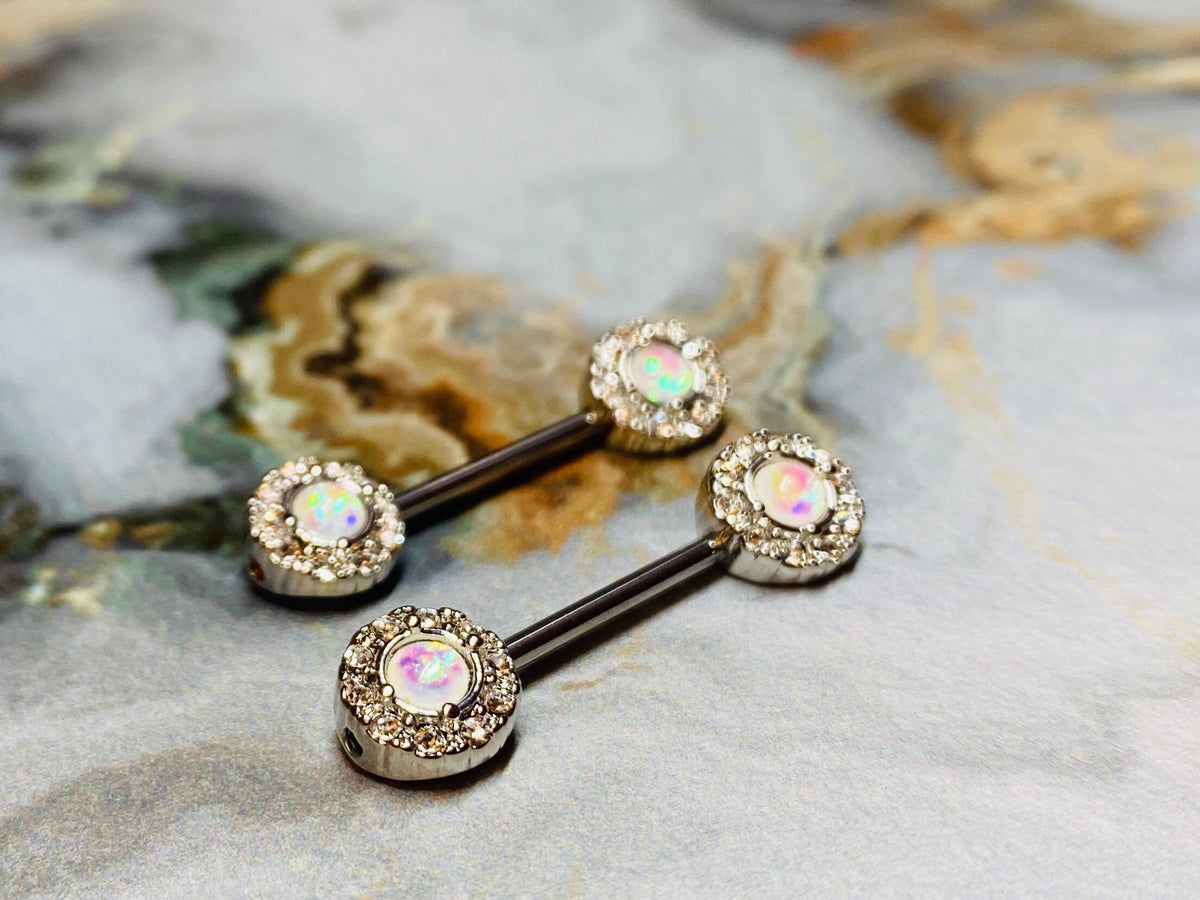 A set of Elegant Opal Center Nipple Barbell Ring. Nipple Jewlery. Nipple Piercing.