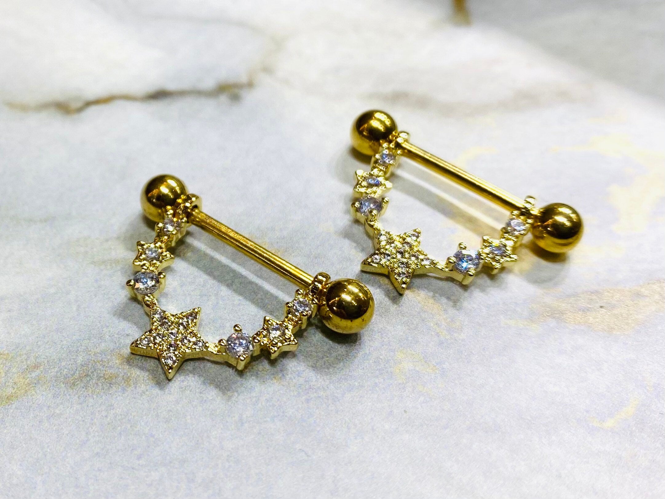 Pair of 14G Gold Sparkling CZs Linked Stars Nipple Barbells. Nipple Piercing. Nipple Jewelry. Nipple Rings.