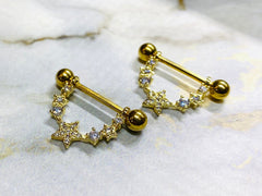 Pair of 14G Gold Sparkling CZs Linked Stars Nipple Barbells. Nipple Piercing. Nipple Jewelry. Nipple Rings.