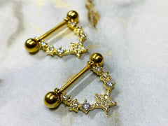 Pair of 14G Gold Sparkling CZs Linked Stars Nipple Barbells. Nipple Piercing. Nipple Jewelry. Nipple Rings.