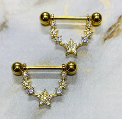 Pair of 14G Gold Sparkling CZs Linked Stars Nipple Barbells. Nipple Piercing. Nipple Jewelry. Nipple Rings.