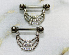 Pair of 14G Silver Triple Lined Dangling Sparkling CZs Nipple Barbells. Nipple Piercing. Nipple Rings. Nipple Jewelry.