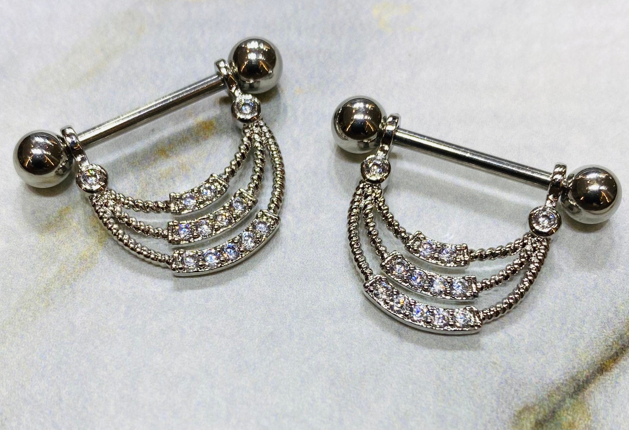 Pair of 14G Silver Triple Lined Dangling Sparkling CZs Nipple Barbells. Nipple Piercing. Nipple Rings. Nipple Jewelry.