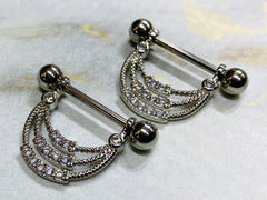 Pair of 14G Silver Triple Lined Dangling Sparkling CZs Nipple Barbells. Nipple Piercing. Nipple Rings. Nipple Jewelry.