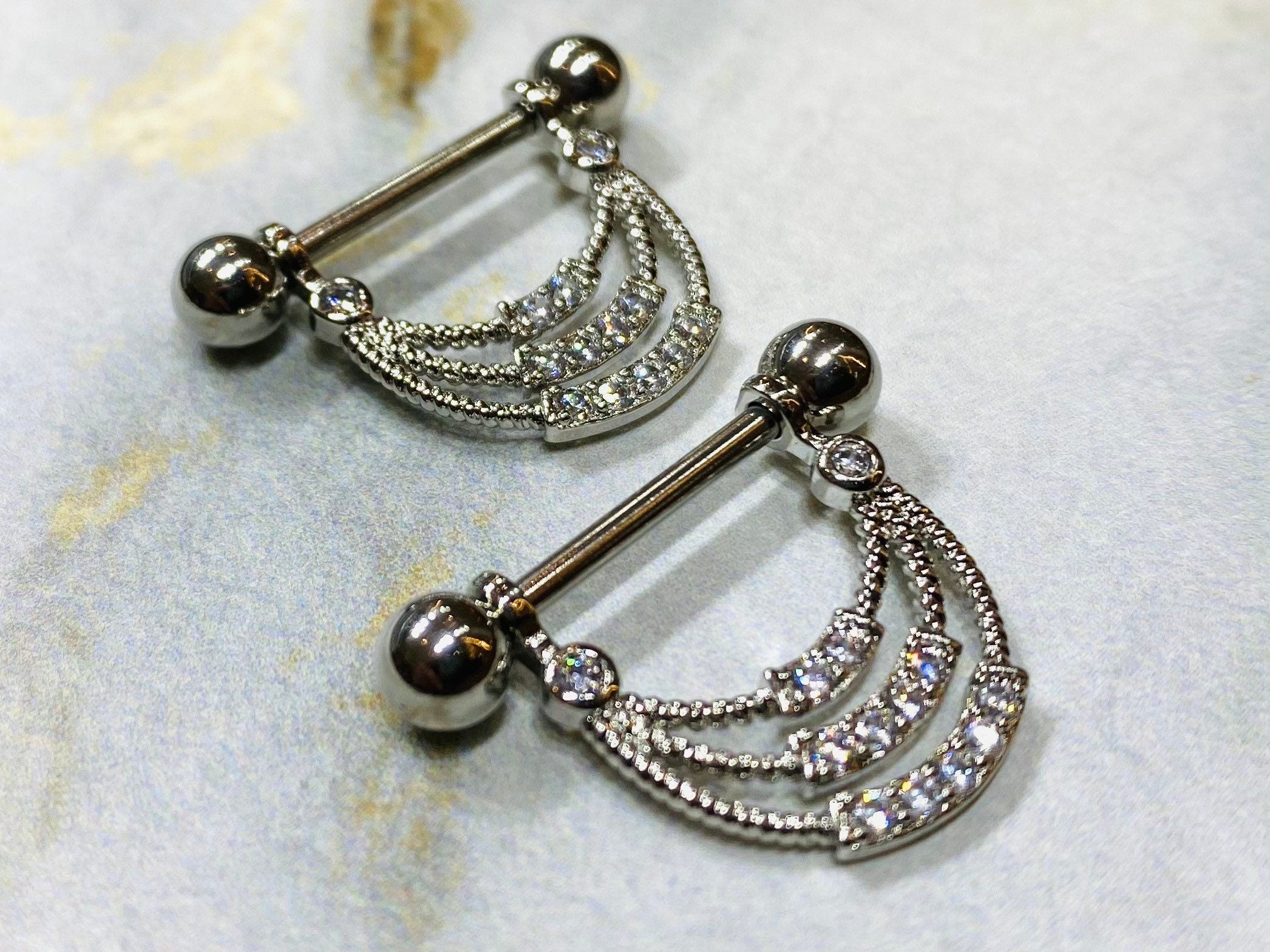 Pair of 14G Silver Triple Lined Dangling Sparkling CZs Nipple Barbells. Nipple Piercing. Nipple Rings. Nipple Jewelry.