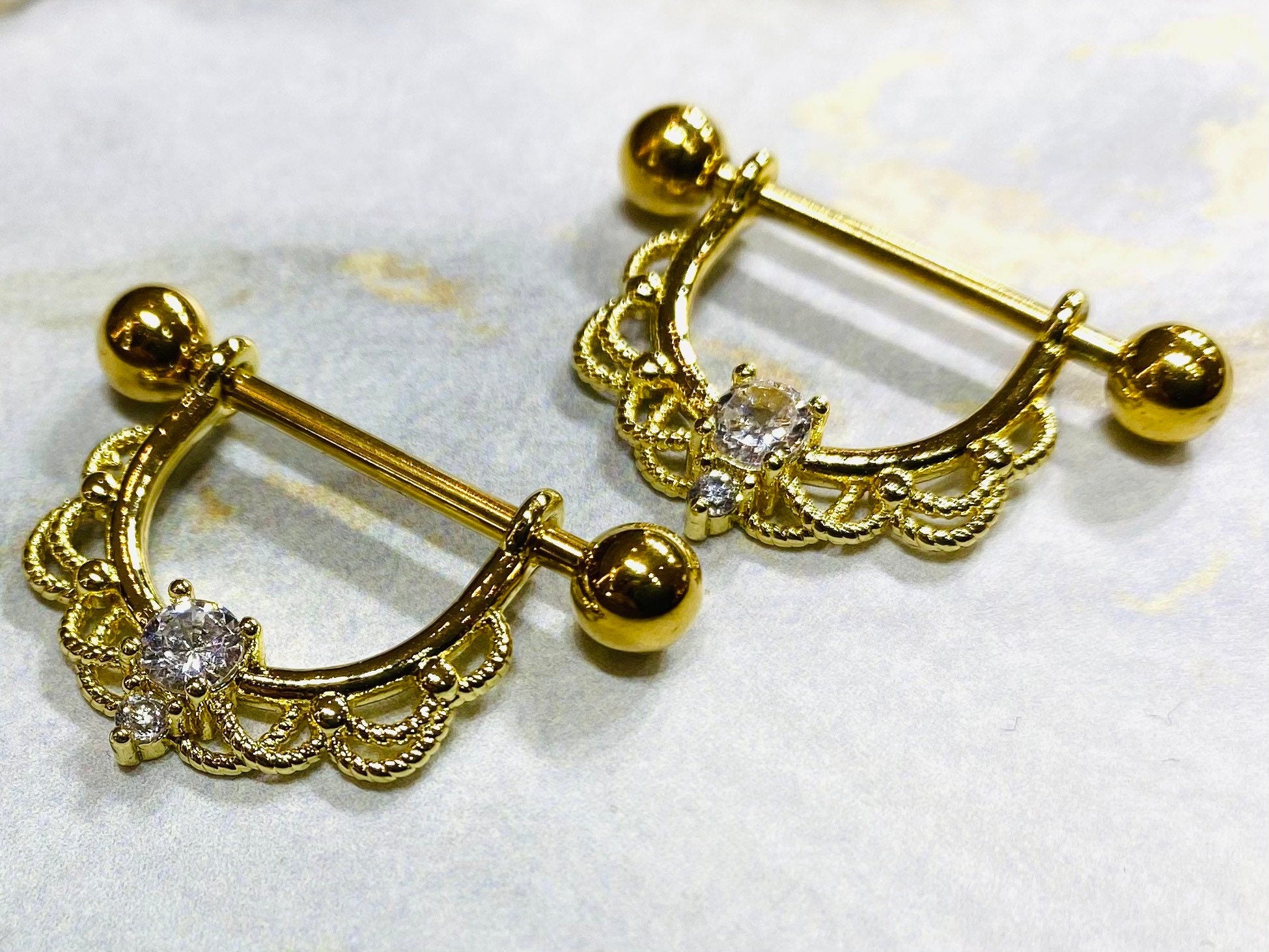 Pair of 14G Gold Round Center Stone Dangling Nipple Barbells. Nipple Piercing. Nipple Rings. Nipple Jewelry