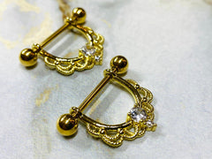 Pair of 14G Gold Round Center Stone Dangling Nipple Barbells. Nipple Piercing. Nipple Rings. Nipple Jewelry