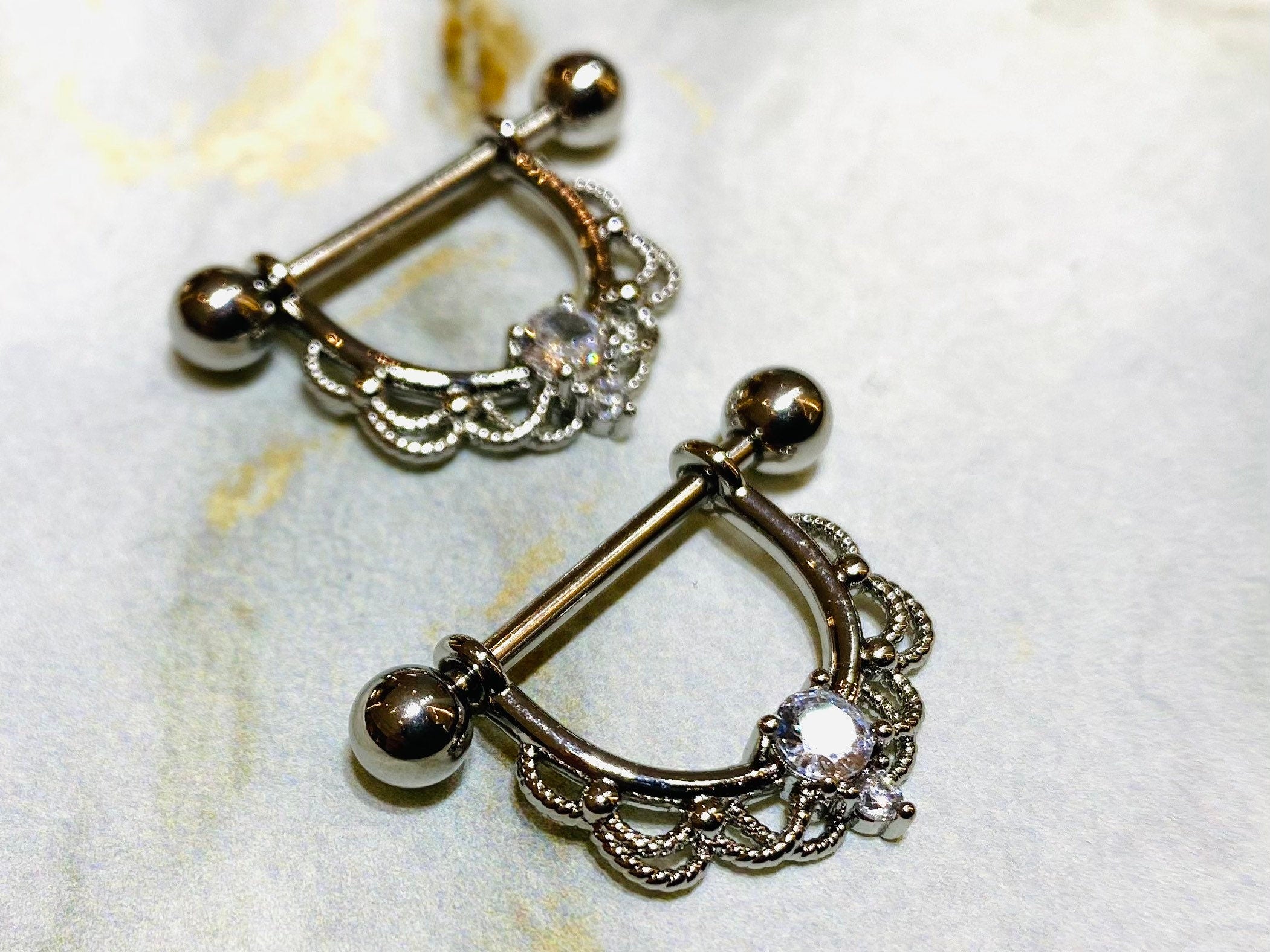 Pair of 14G Silver Round Center Stone Dangling Nipple Barbells. Nipple Piercing. Nipple Rings. Nipple Jewelry