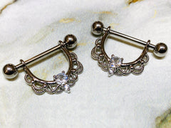 Pair of 14G Silver Round Center Stone Dangling Nipple Barbells. Nipple Piercing. Nipple Rings. Nipple Jewelry